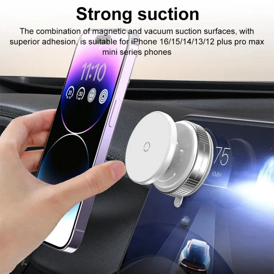 White magnetic suction car phone mount attached to a dashboard, holding a smartphone.