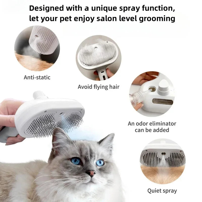 White, ergonomic pet grooming brush with a mist spray function, shown in use on a cat to remove loose fur.