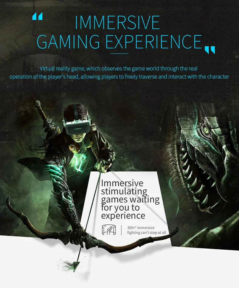 A black smartphone VR headset worn by a fantasy archer in a dark, immersive gaming environment.