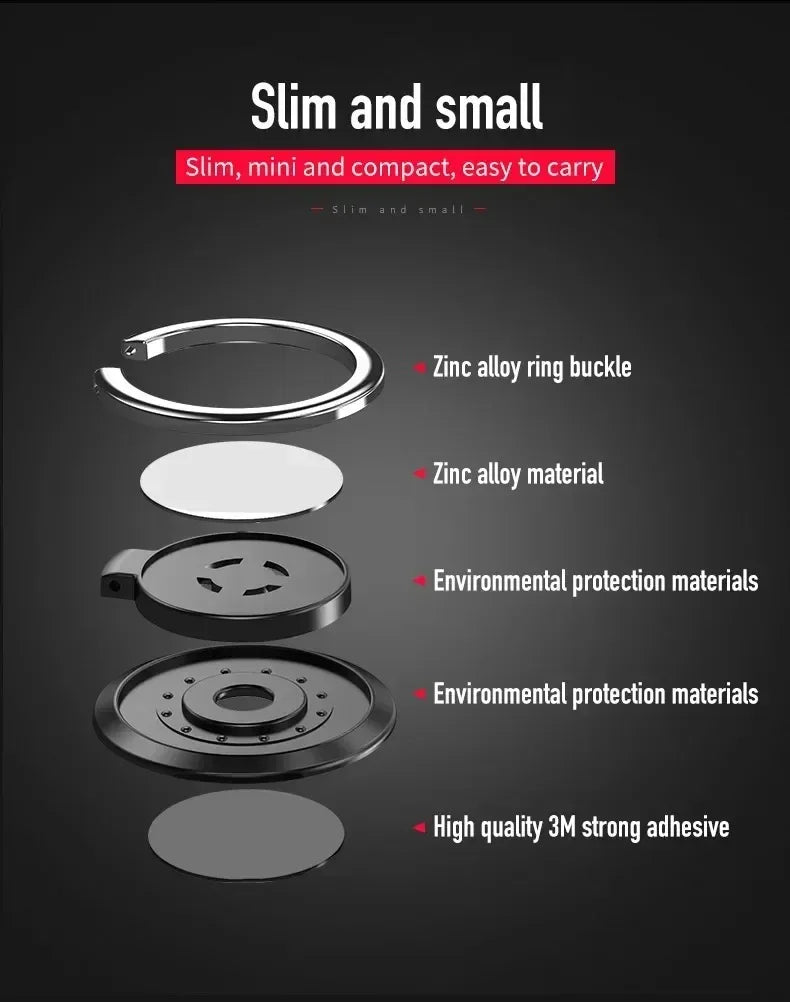 Exploded view of a slim, black and silver zinc alloy ring phone holder with adhesive backing.