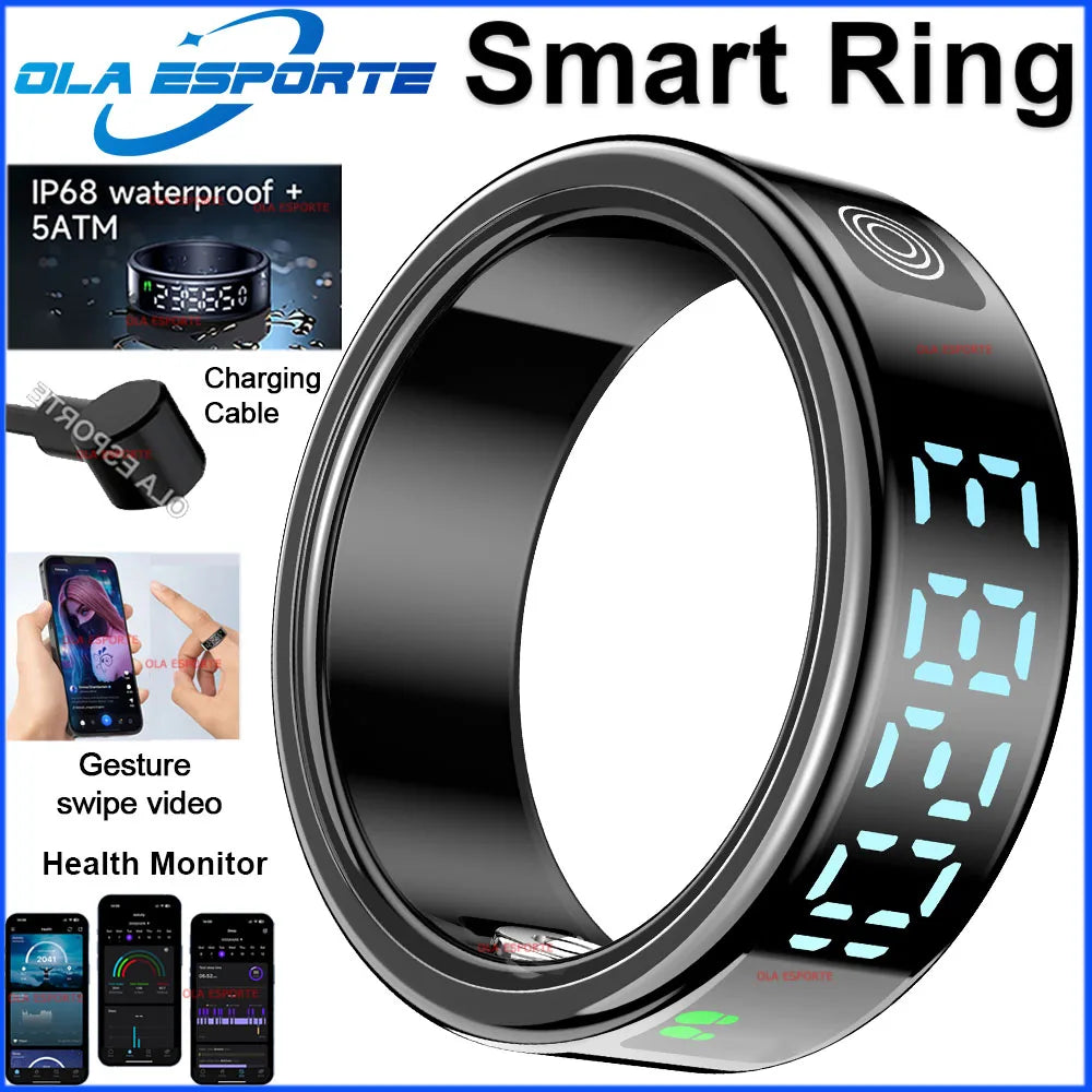 Glossy black smart ring with a digital touch display, health tracking features, charging cable, and smartphone app.