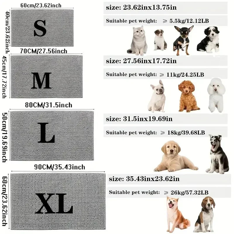 Grey absorbent pet doormats in four sizes, S to XL, showing dimensions and recommended pet weights for each.