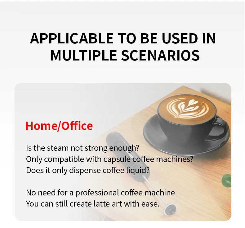 A black, handheld electric milk frother placed on a wooden table next to a cup of coffee with latte art.