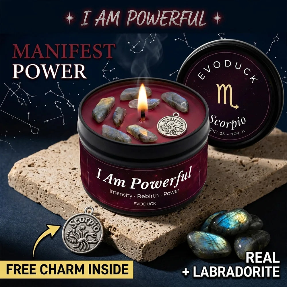 Scorpio zodiac candle in a black tin with red wax, topped with real labradorite stones and a silver Scorpio charm.