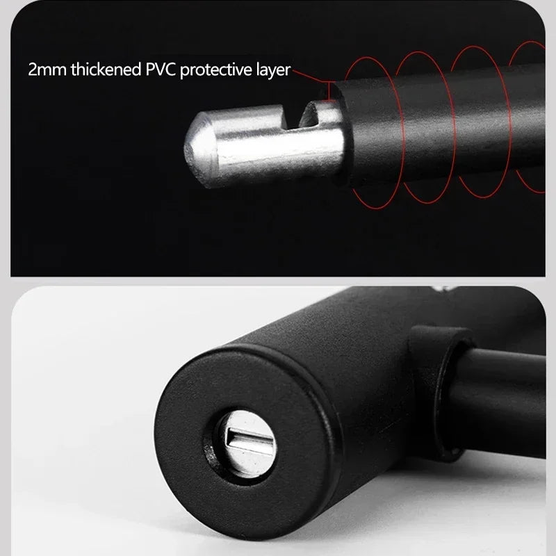 ROCKBROS black U-shaped bicycle lock showing a 2mm thick PVC protective layer and metal key cylinder.