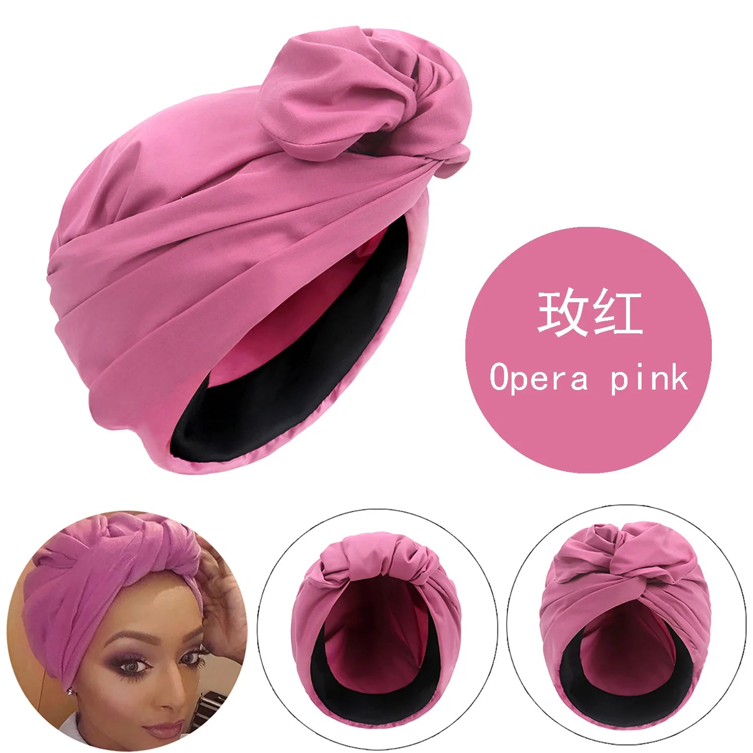 Opera pink French vintage-style knotted turban hat with a smooth black interior lining, shown from multiple angles.