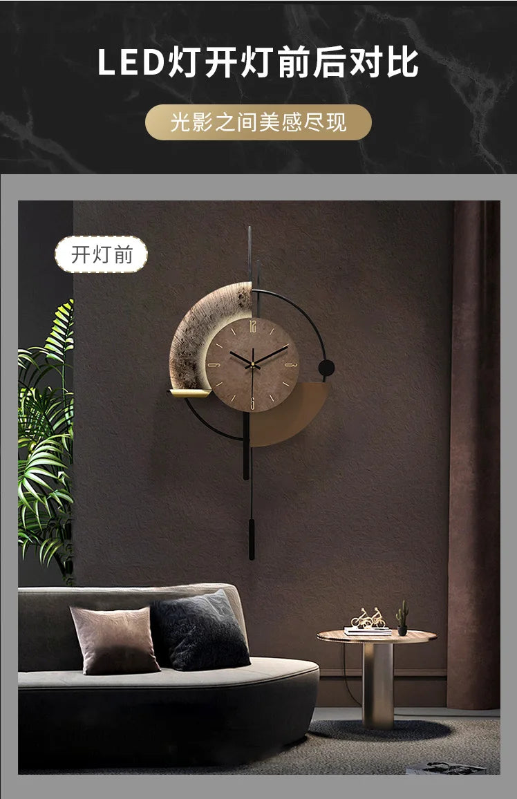 Modern minimalist wall clock with a circular design, brown textured face, black accents, and integrated LED lighting.