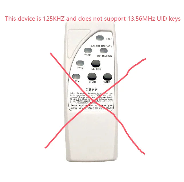 White plastic 125KHz RFID handheld card copier with numbered buttons and operating instructions printed on the front.