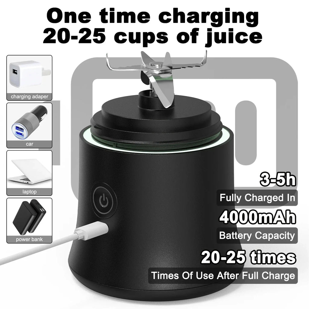 Black portable blender base with metal blades, power button, and USB charging cable. Minimalist, matte modern design.