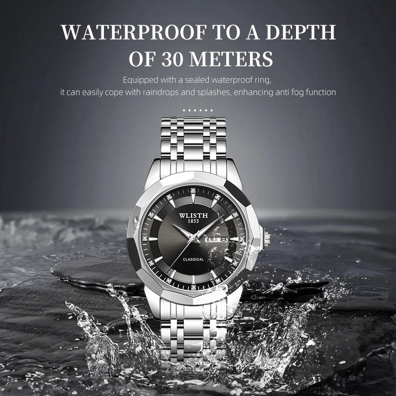Classic men's stainless steel business watch with a black dial, silver markers, and water resistance to 30 metres.