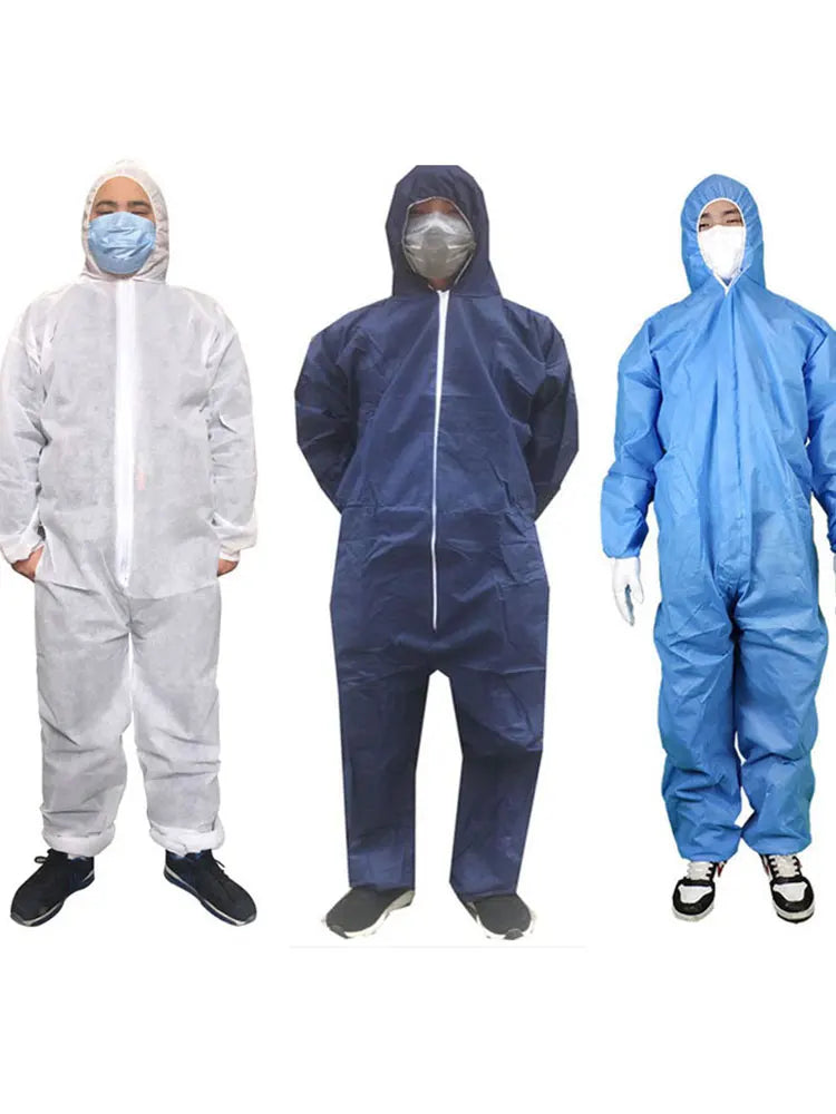 Three hooded disposable coveralls in white, navy, and light blue with front zippers and elastic cuffs.