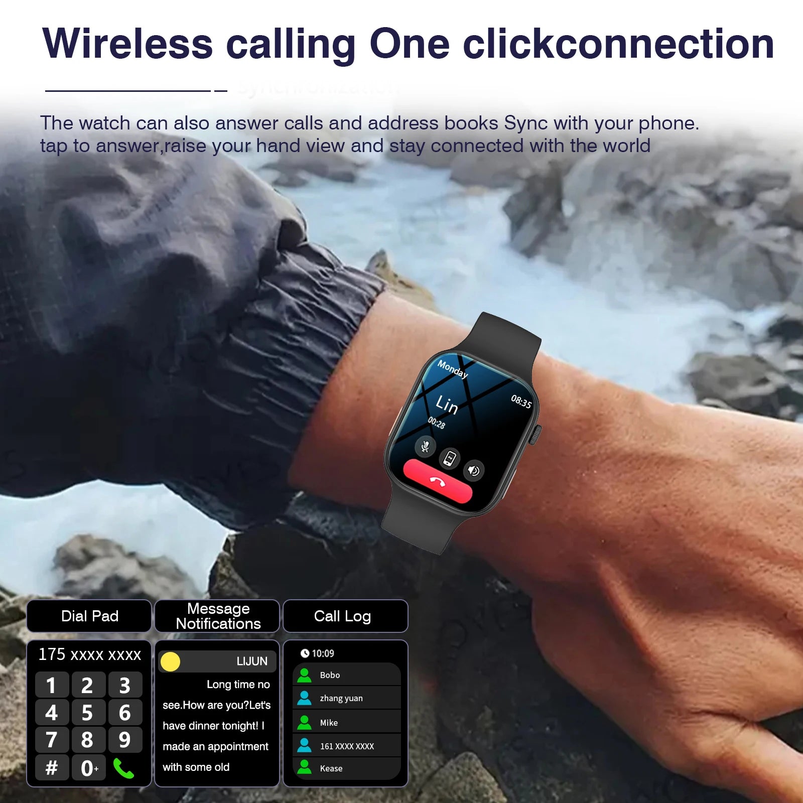 Black smartwatch with a 2.02-inch HD display, showing an incoming call interface, dial pad, and notification log.