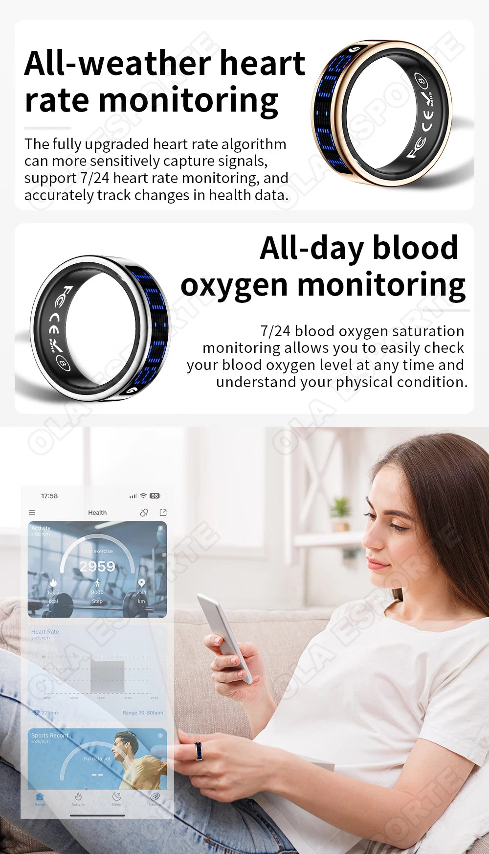 Sleek smart fitness ring in gold and black, featuring heart rate and blood oxygen monitoring displayed on a mobile app.