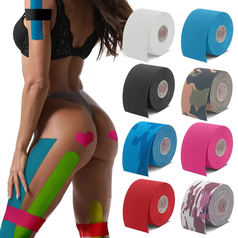 A person with multi-coloured kinesiology tape on their body, alongside eight rolls of tape in various solid colours.