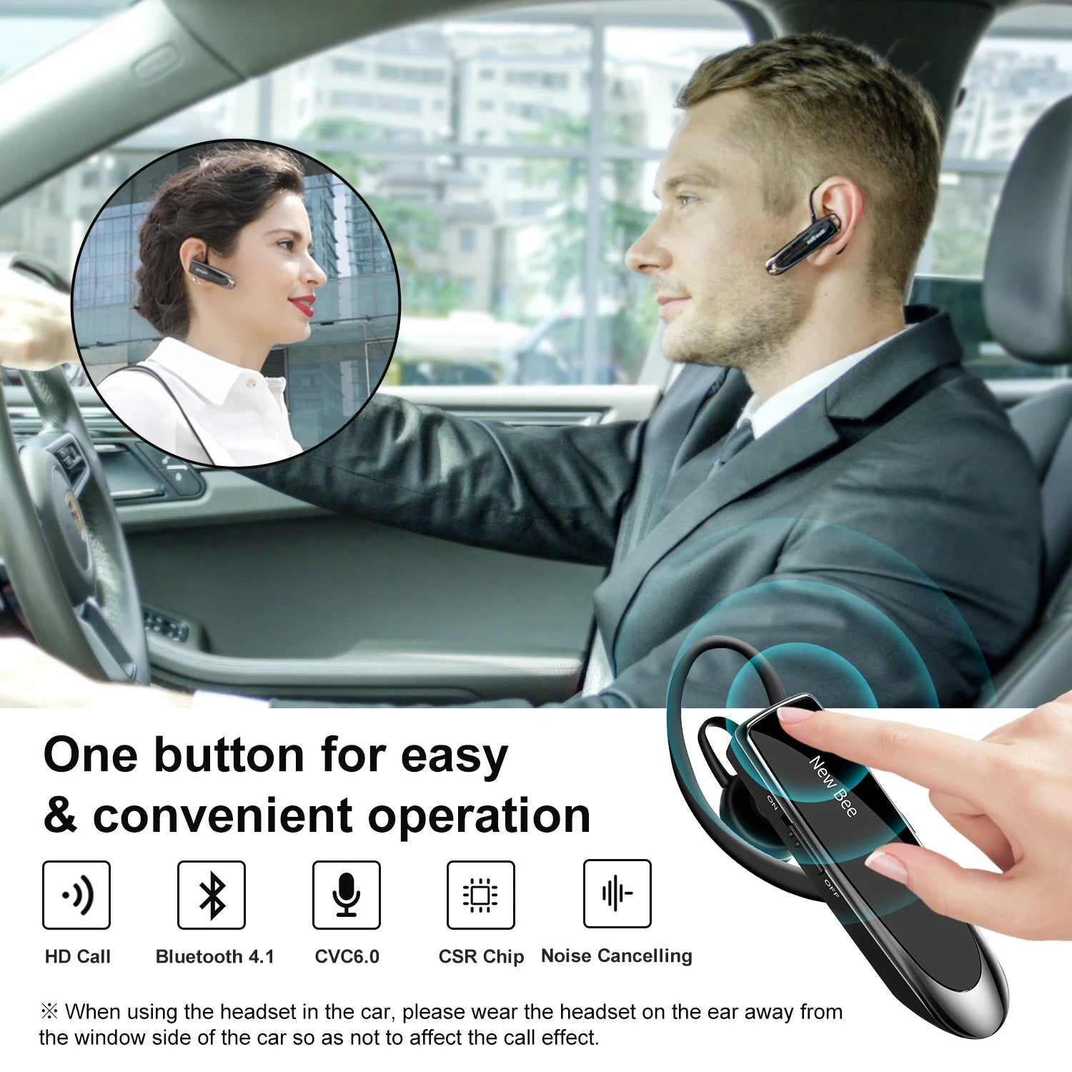 Sleek, black wireless Bluetooth headset with microphone, shown being worn by drivers for hands-free, noise-free calls.