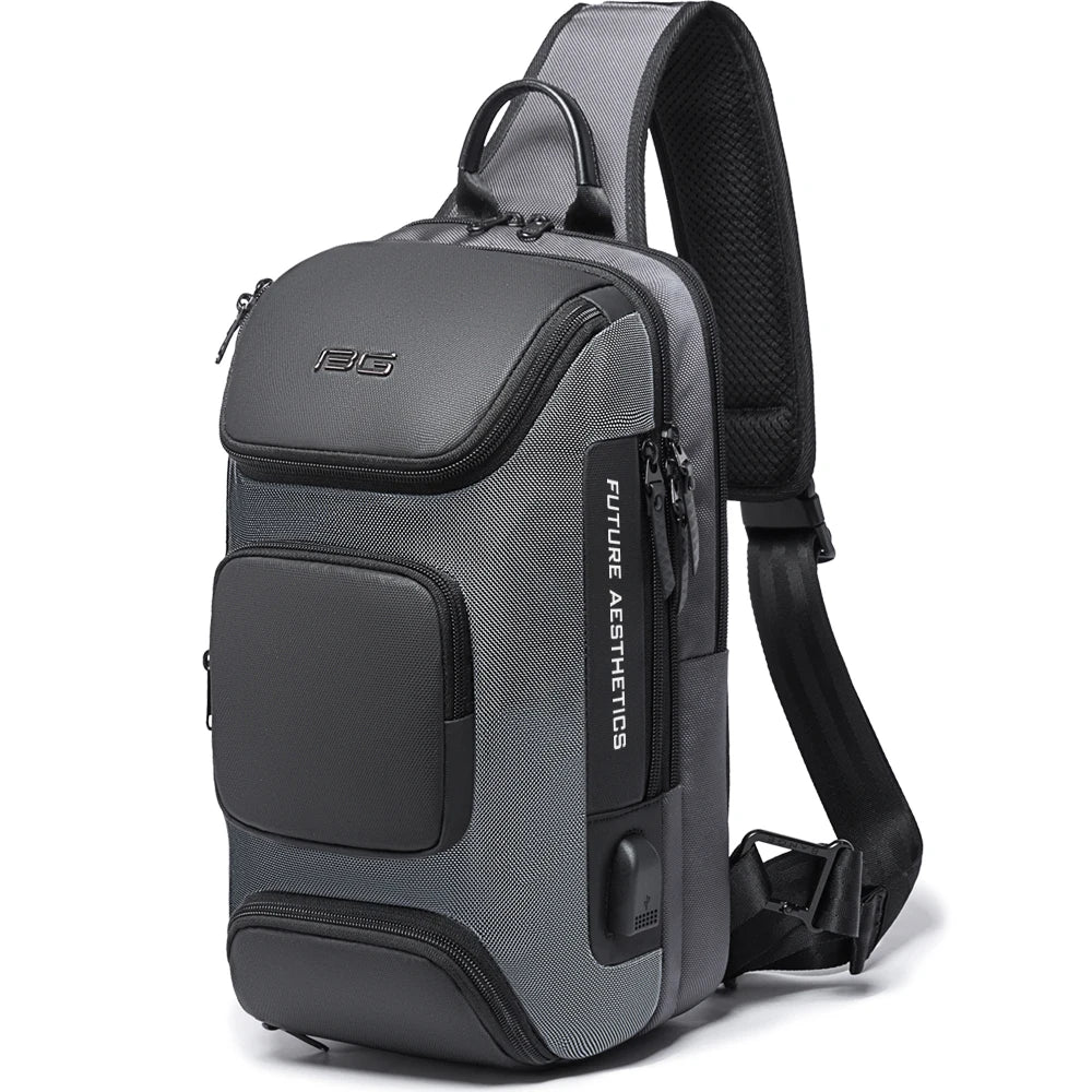 Grey, modern anti-theft crossbody sling bag with multiple zip compartments, padded strap, and built-in USB port.