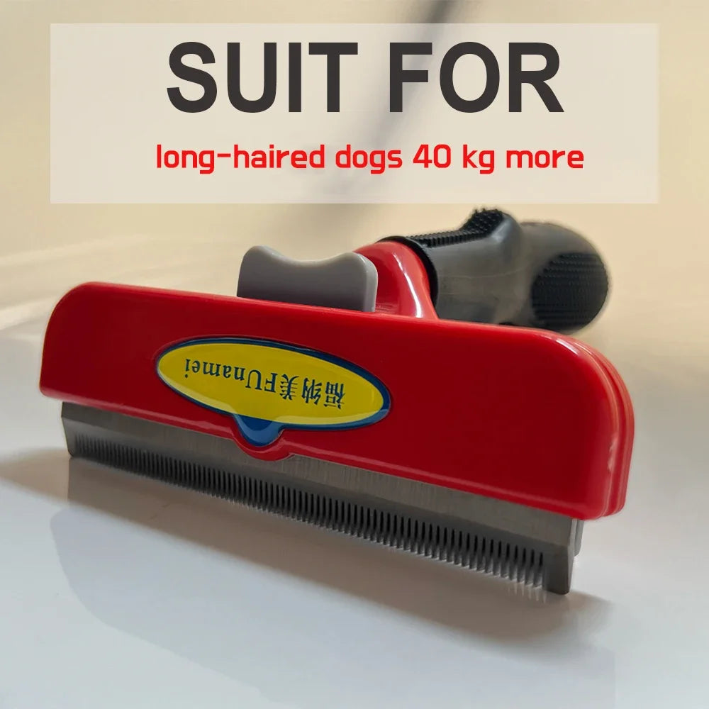 Red and grey de-shedding tool for long-haired dogs, featuring a metal comb and ergonomic handle.