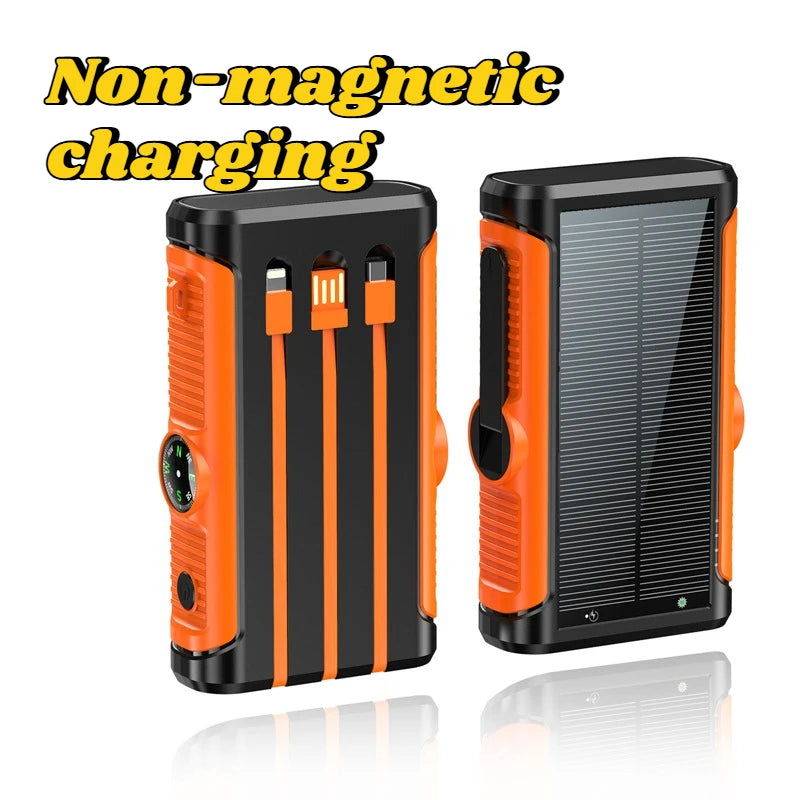 Black and orange 20,000mAh solar power bank featuring built-in charging cables and a side-mounted compass.