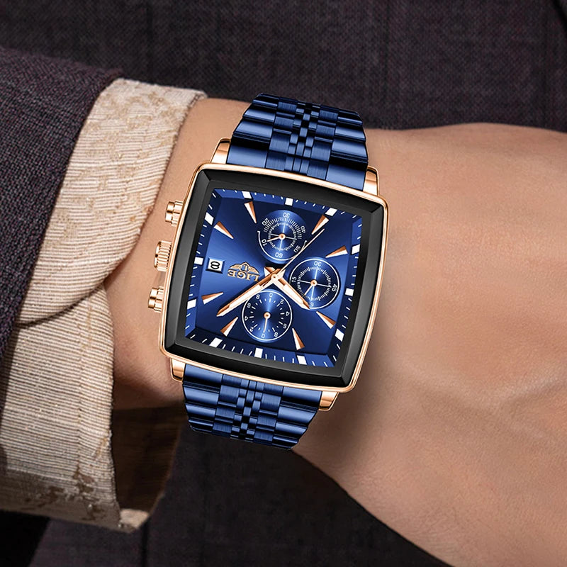 LIGE square men's quartz watch with blue dial, rose gold case, three subdials, and blue metal band.