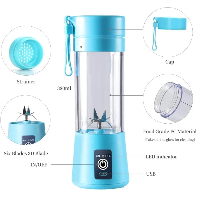 Light blue portable 380ml blender with six-blade system, USB charging, and strainer, shown with component labels.