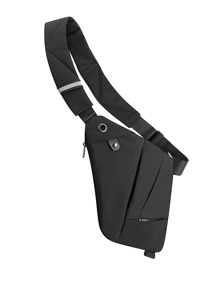 Black slimline anti-theft crossbody bag with an adjustable padded strap and zipped compartments.