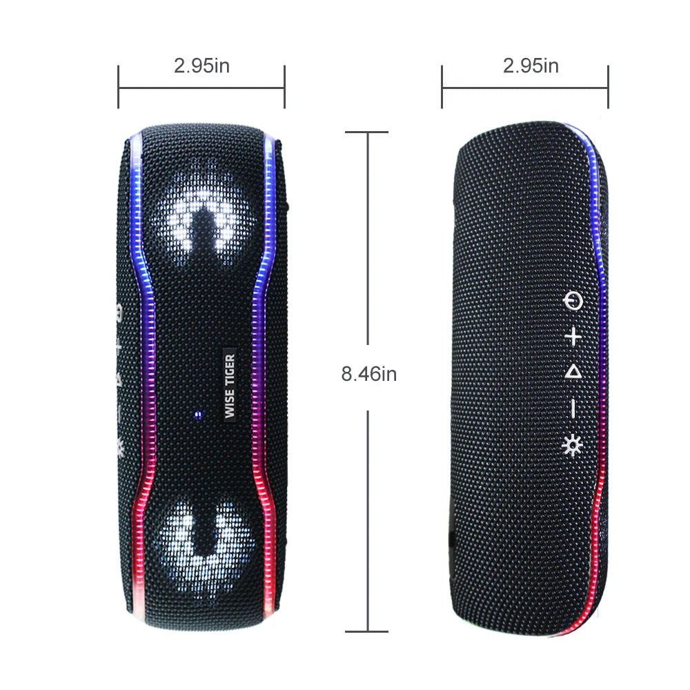 Black cylindrical Bluetooth speaker with LED light accents and clearly labelled control buttons. Dimensions included.