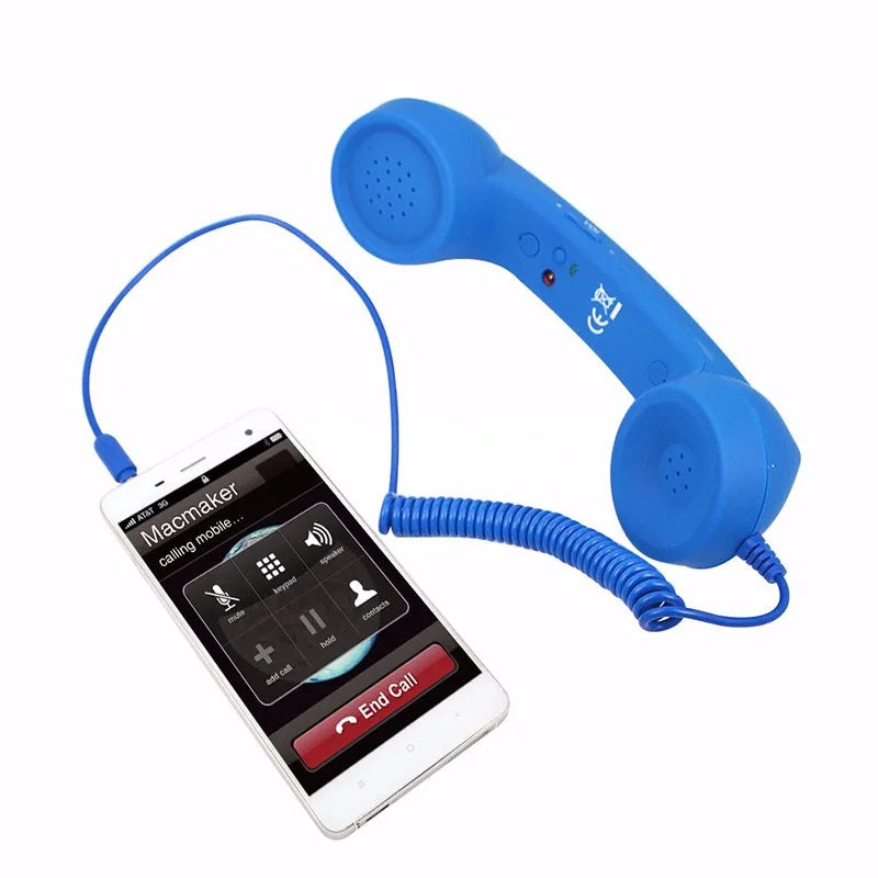 Bright blue retro-style telephone handset with a coiled cord, connected to a smartphone for making calls.