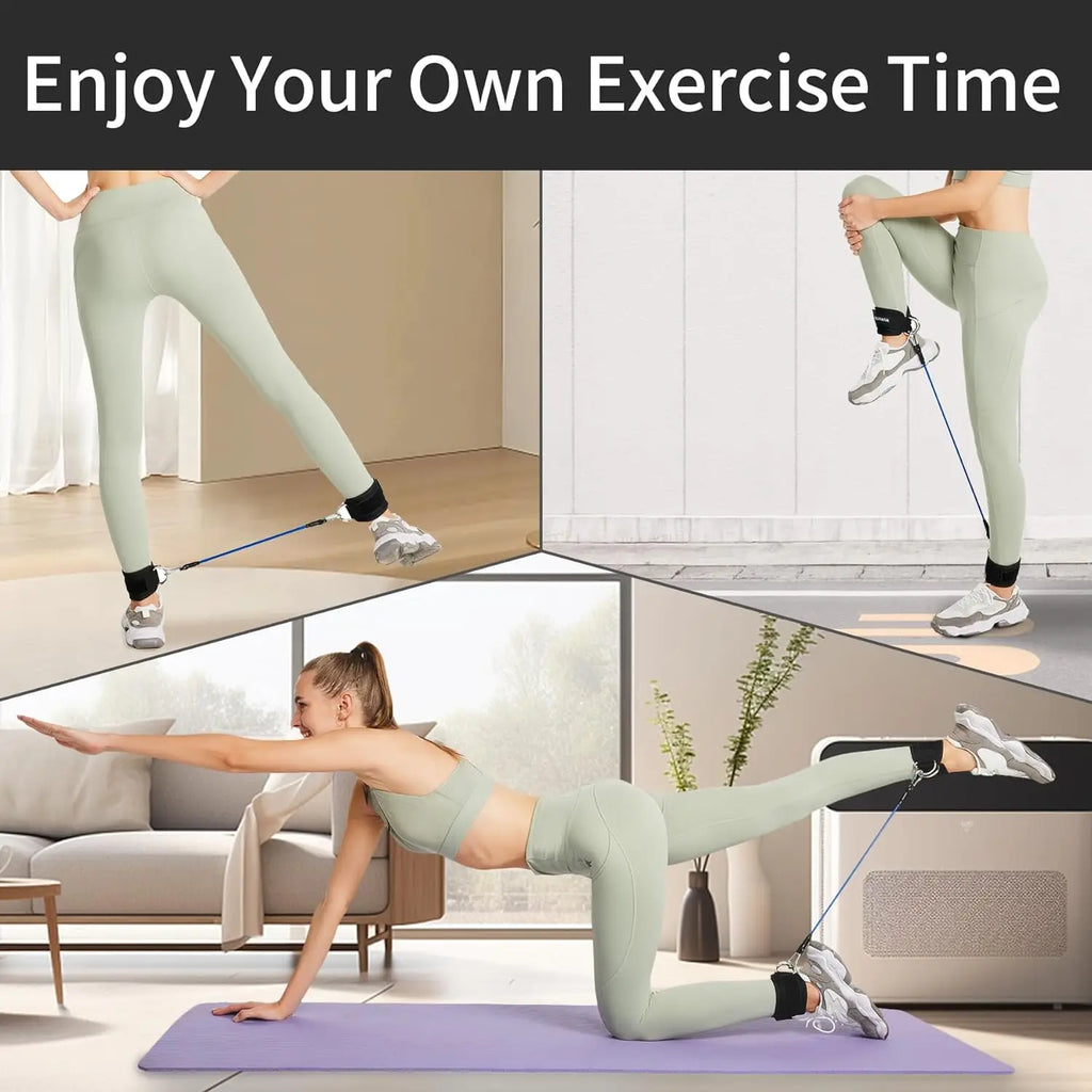 Woman in sage green leggings and sports bra using black ankle straps with resistance bands for leg exercises.