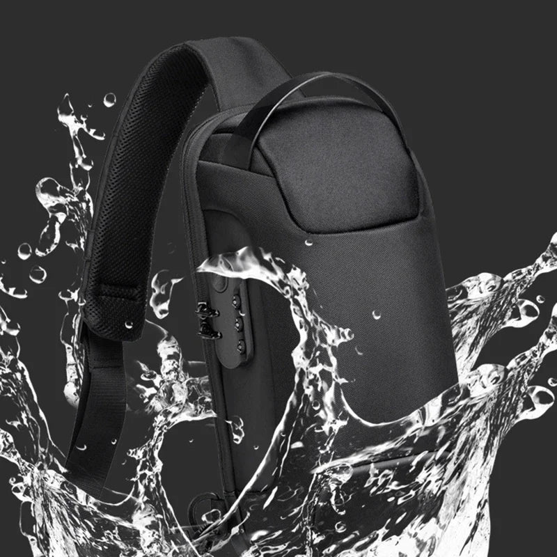 Black waterproof anti-theft chest bag with a combination lock, cross-body strap, and modern, sleek design.