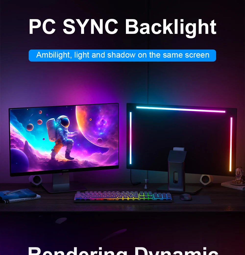 LED backlight strip for monitors creating vibrant, screen-synced ambient light in blue and purple hues.