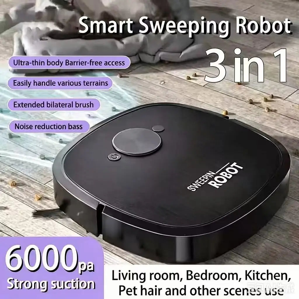 Black smart sweeping robot on wood floor, with promotional text overlaying the image.