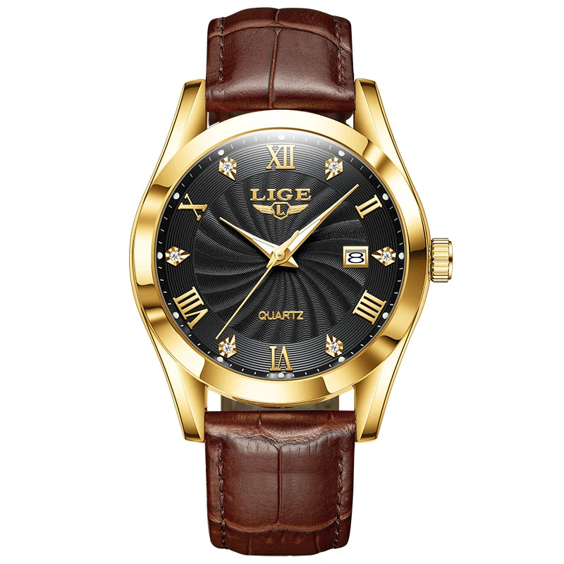 Elegant gold-tone quartz watch with a black sunburst dial, crystal markers, and a brown leather strap.