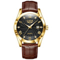 Elegant gold-tone quartz watch with a black sunburst dial, crystal markers, and a brown leather strap.