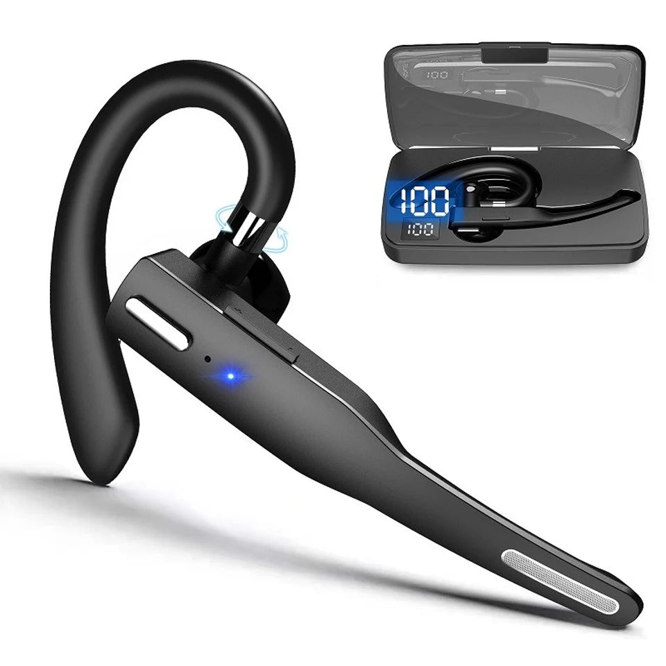 Black single-ear wireless Bluetooth earpiece with ear hook, LED indicator, and charging case with digital battery display.