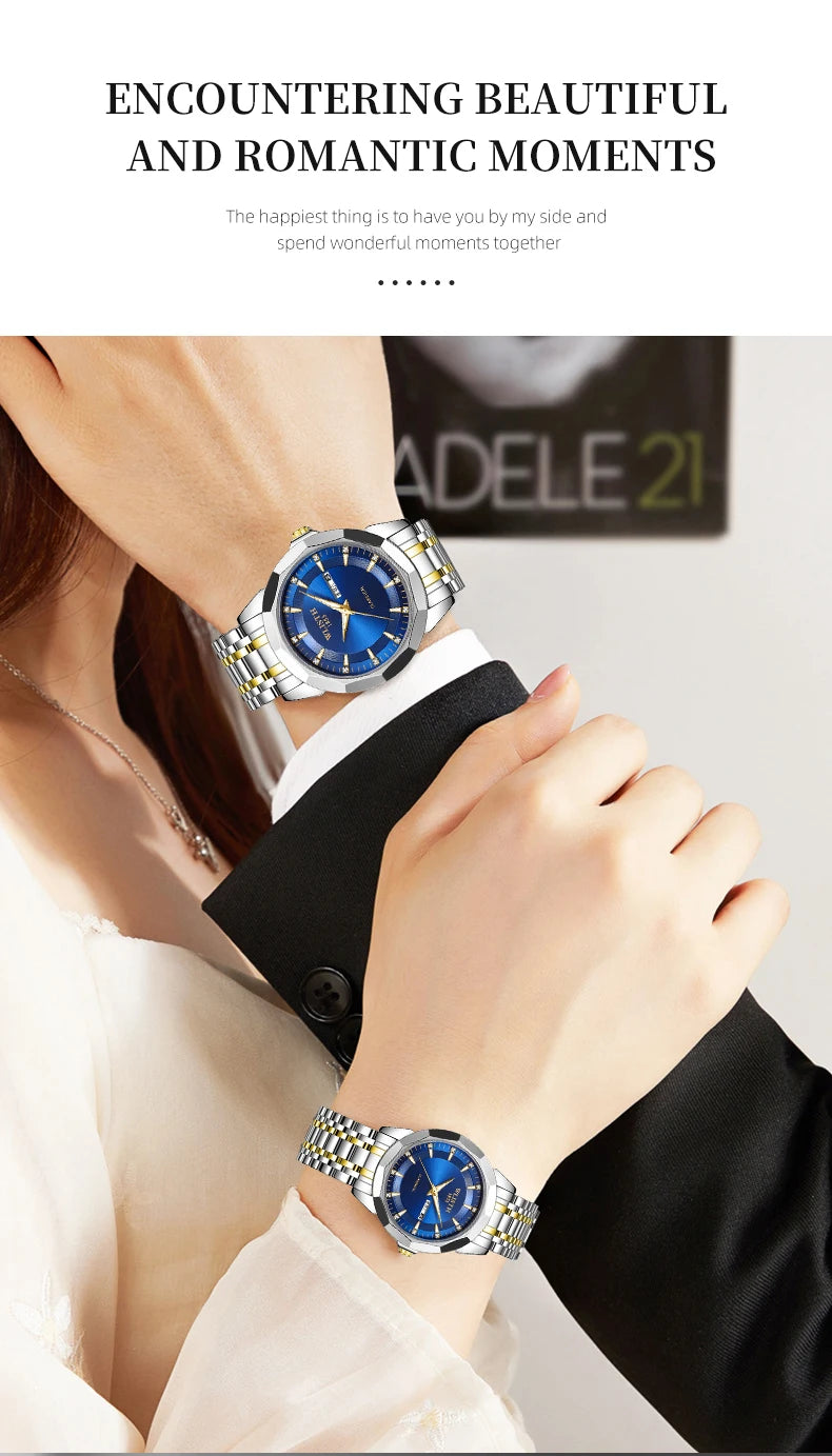 Men's stainless steel business watch featuring a blue dial, gold accents, and a two-tone silver and gold metal strap.