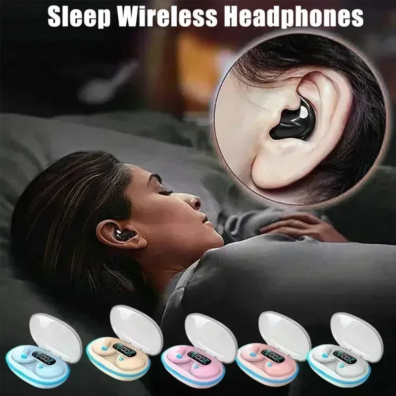 Small, black wireless sleep earbuds shown in use, with charging cases available in five pastel colors with LED displays.
