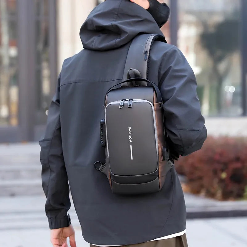 Person wearing a sleek black anti-theft crossbody chest bag featuring a password lock and integrated USB port.