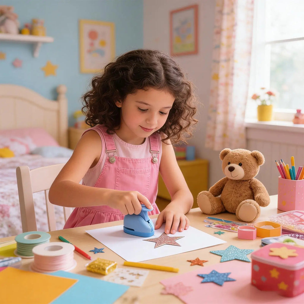 A young girl uses a light blue star-shaped paper punch to create glittery star cutouts at a craft desk.