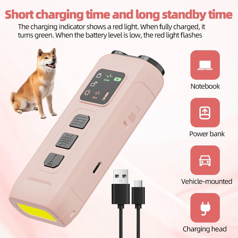Pink rechargeable dog training device with LED strobe, mode buttons, digital display, and USB-C charging cable.