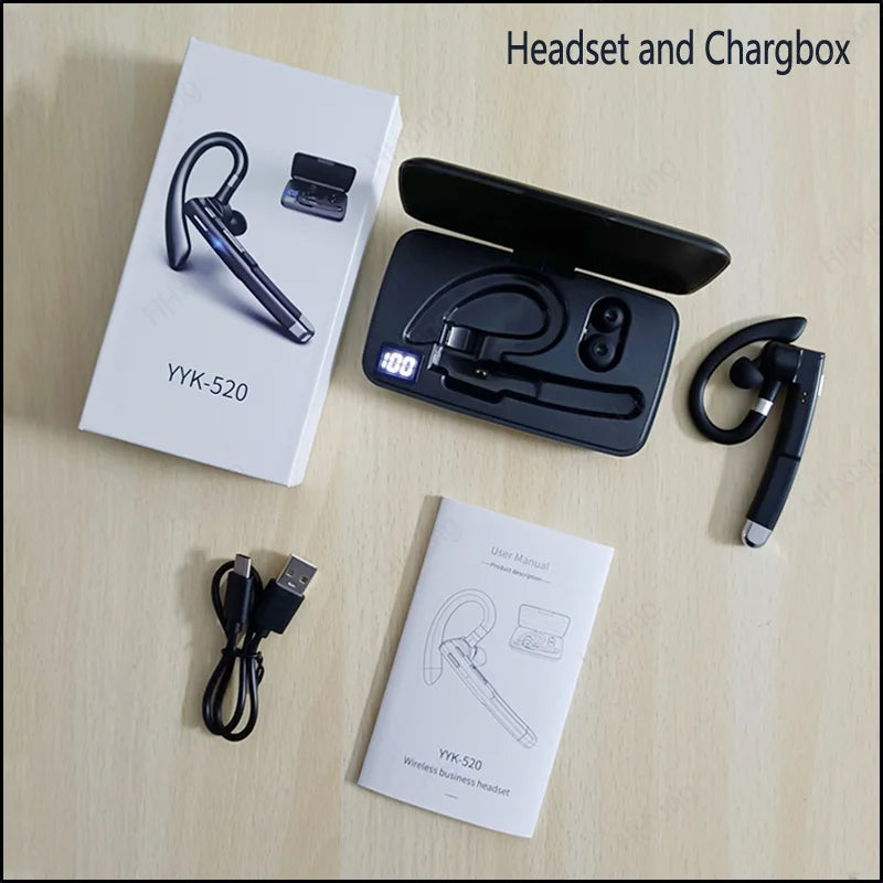 Black wireless ear-hook headset with microphone, charging case with digital display, USB cable, and manual.