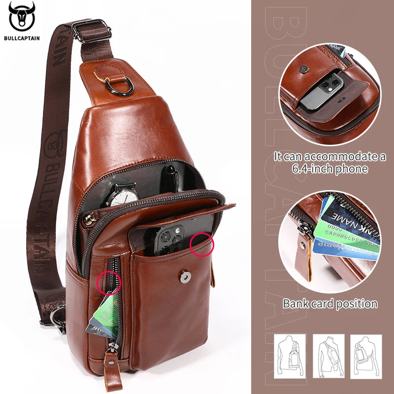 Brown leather crossbody sling bag with multiple zip compartments, phone pocket, and card slots for travel organisation.