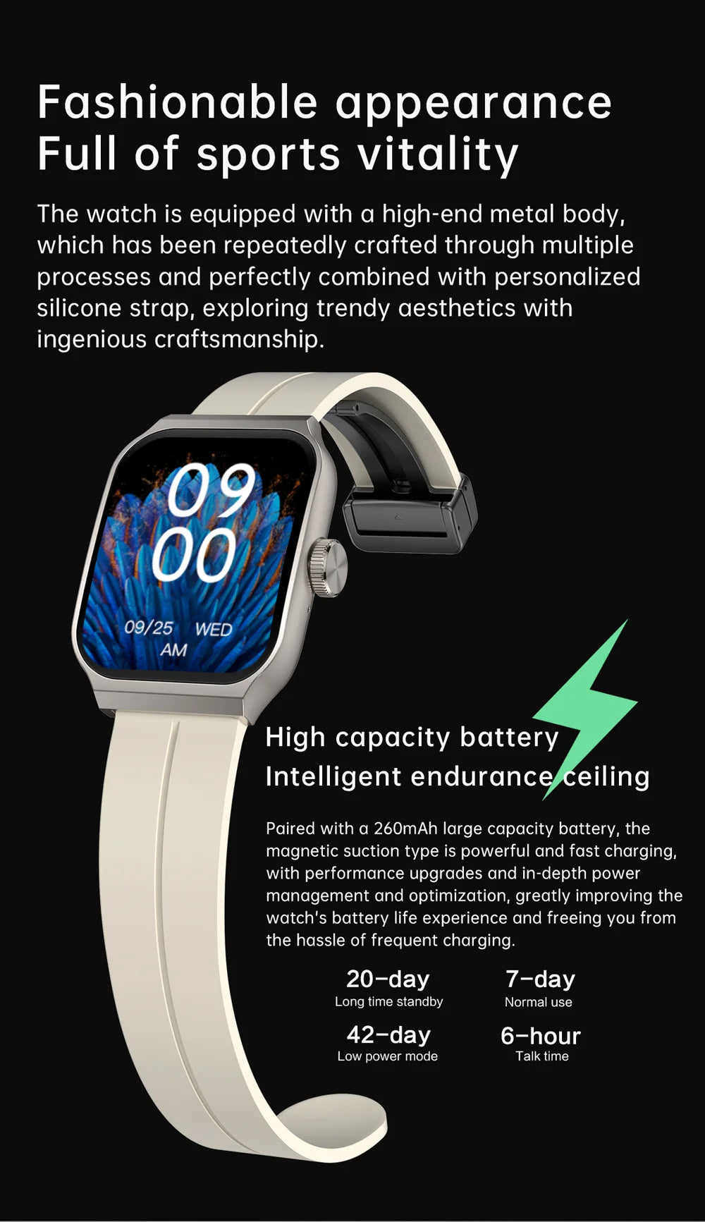 Smartwatch with a 2.01-inch curved screen, metal casing, and sleek cream silicone strap.