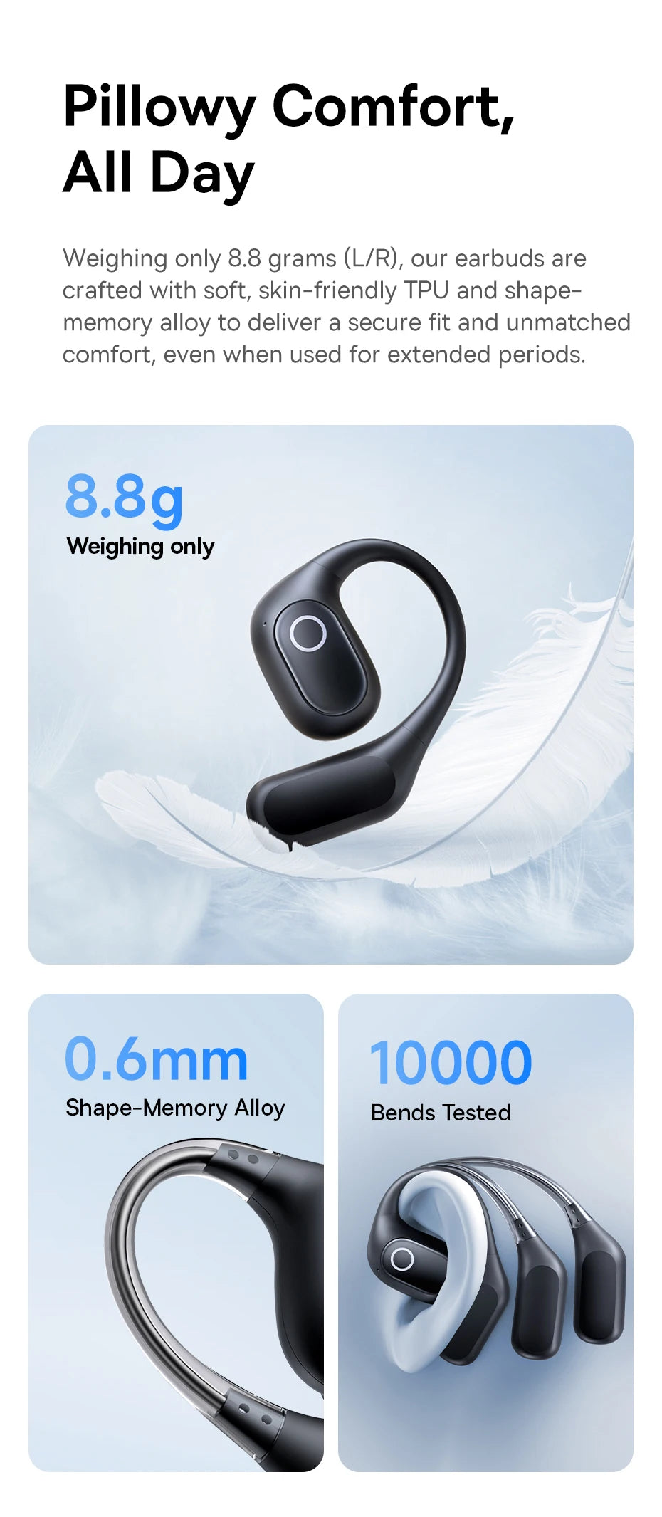 Black, lightweight open-ear earbuds with a flexible, shape-memory alloy frame, resting on a soft white feather.