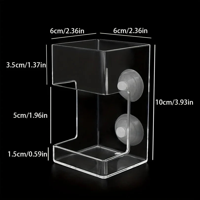Clear acrylic shower caddy with dual suction cups and dimensions labeled, isolated on a black background.