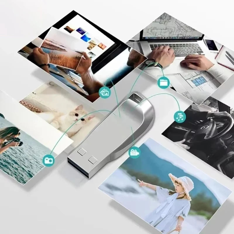 Sleek, metallic silver USB 3.0 flash drive surrounded by floating photo and file icons highlighting storage versatility.