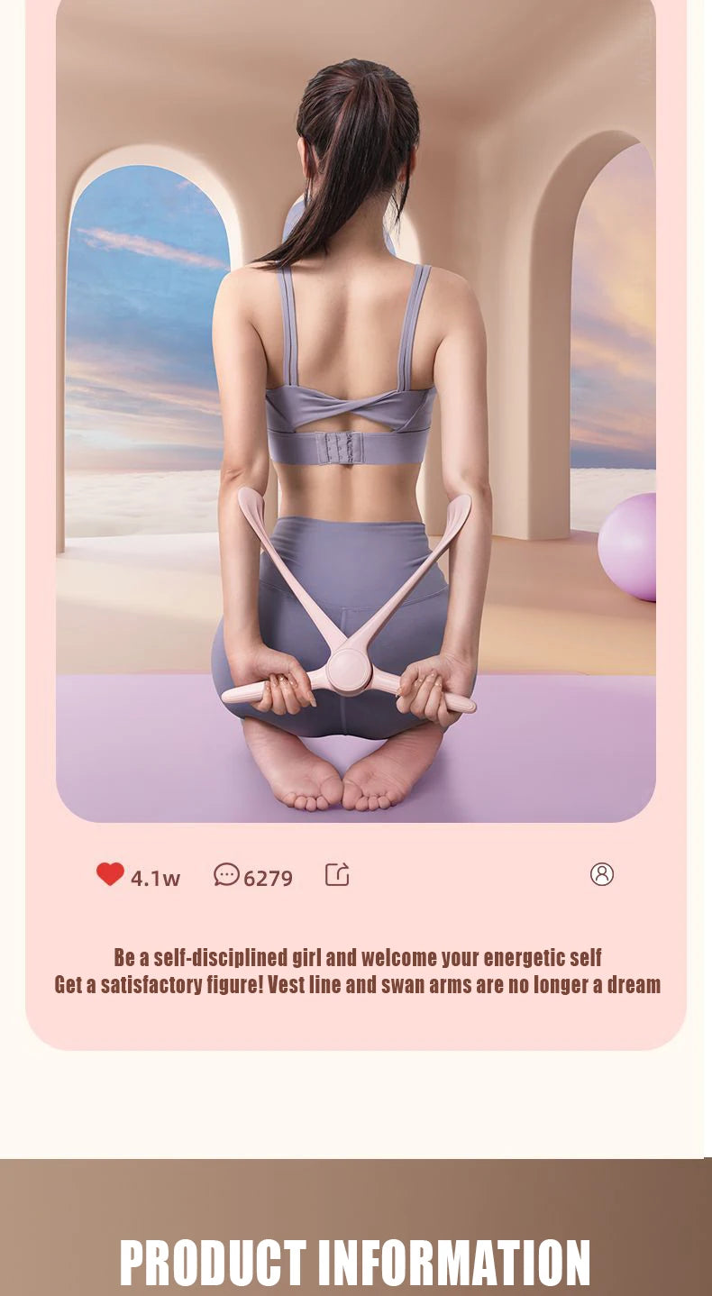 Woman kneeling on a mat using a pink, X-shaped multifunctional arm training tool for fitness.