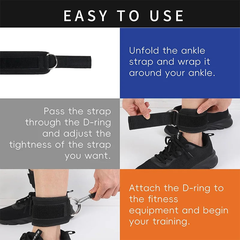 Three-step guide showing how to attach a black padded fitness ankle strap with a metal D-ring to gym equipment.