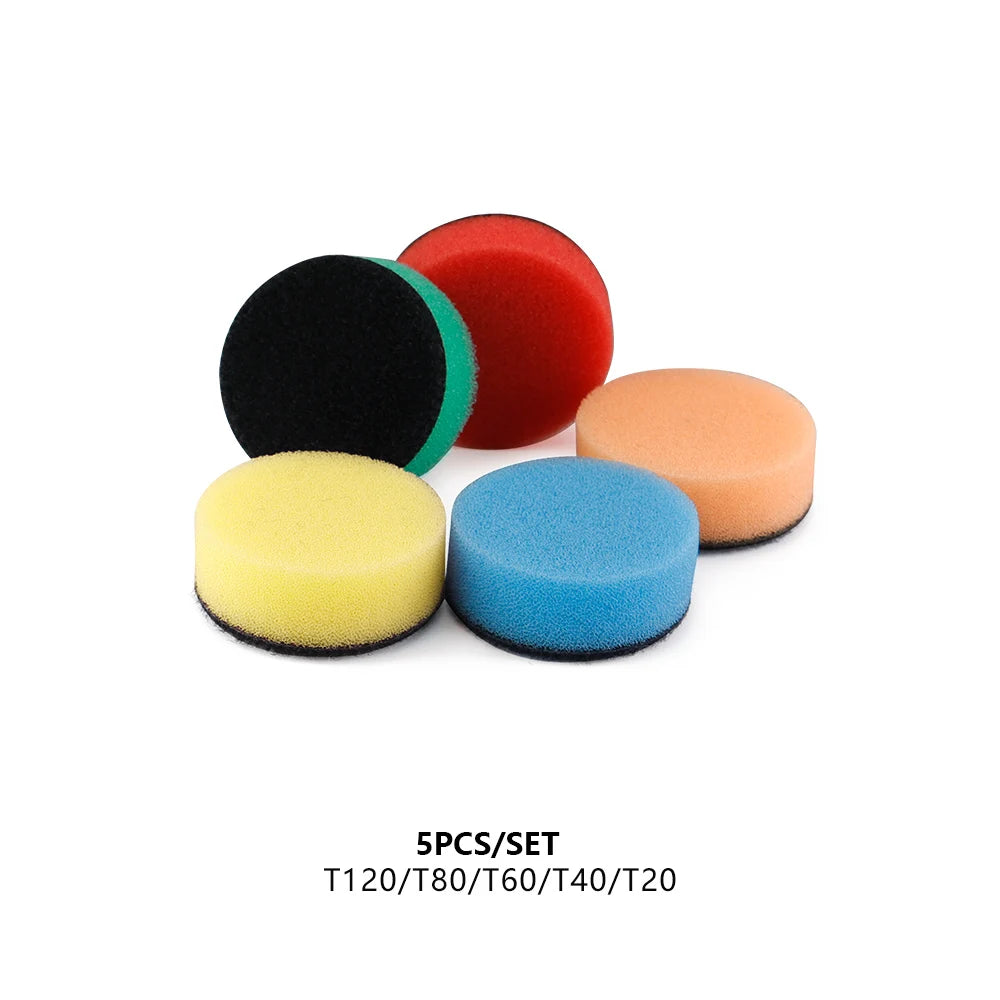 Five round mini foam polishing pads in yellow, blue, orange, red, and black, with hook-and-loop backing.