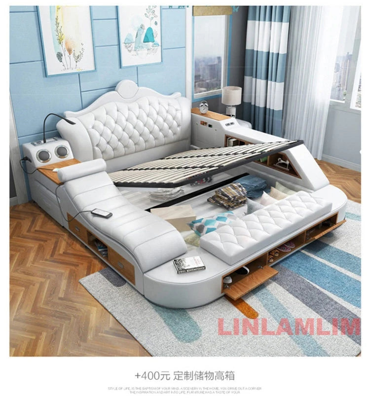 Modern white leather platform bed with button-tufted headboard, integrated storage, LED lights and built-in shelving.