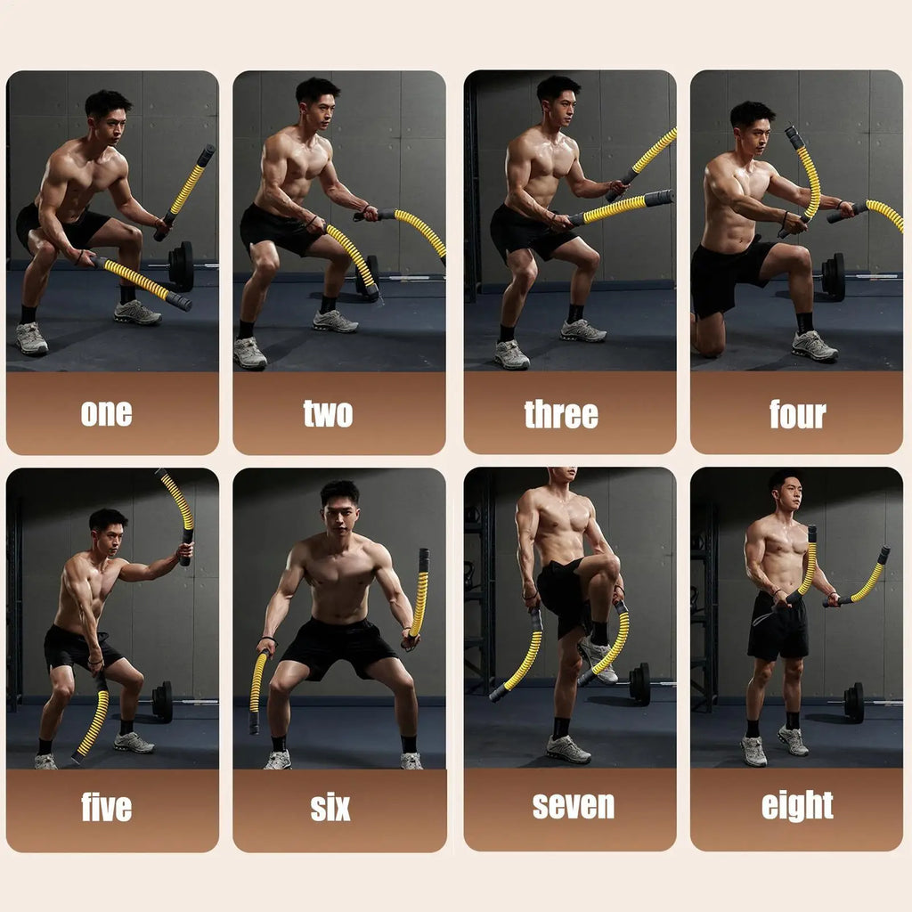 A man demonstrating various weighted fitness exercises using a set of two flexible, yellow and black training ropes.